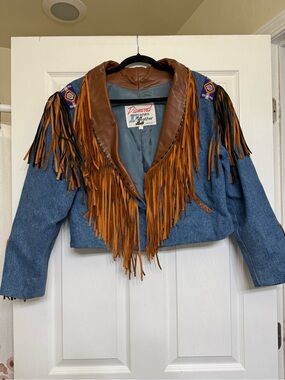 Women’s Blue Denim Jacket with Brown Fringe Collar